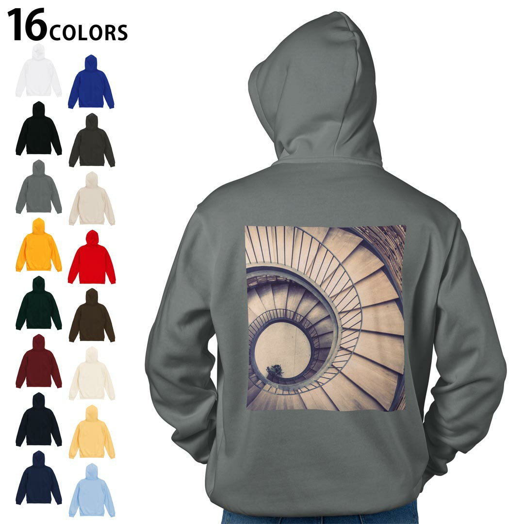 選べる16カラープルオーバー パーカー バックプリント フーディ メンズ レディース ユニセックス 長袖 デザイン S M L XL 2XL hoodie 036023 階段 レトロ シンプル