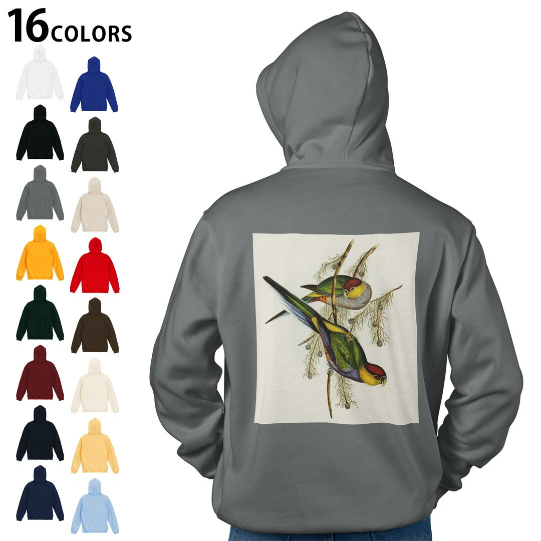 選べる16カラープルオーバー パーカー バックプリント フーディ メンズ レディース ユニセックス 長袖 デザイン S M L XL 2XL hoodie 036026 鳥 絵画 カラフル