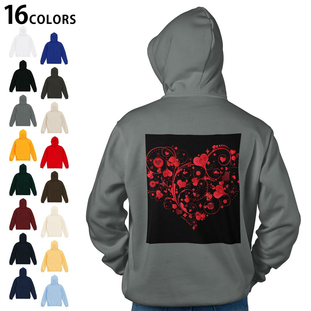 選べる16カラープルオーバー パーカー バックプリント フーディ メンズ レディース ユニセックス 長袖 デザイン S M L XL 2XL hoodie 007587 ハート　赤　レッド　黒　ブラック