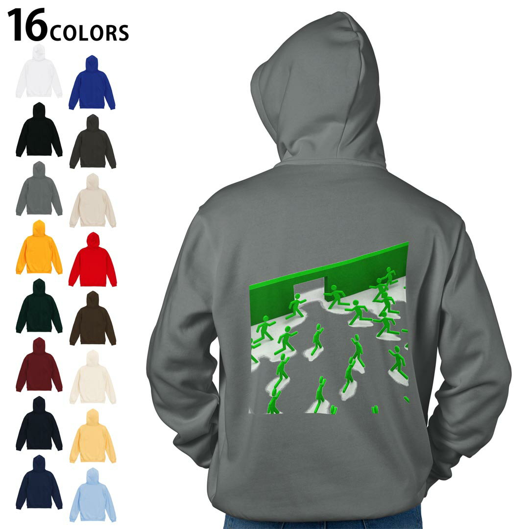 Parka - 選べる16カラープルオーバー パーカー バックプリント フーディ メンズ レディース ユニセックス 長袖 デザイン S M L XL 2XL hoodie 008296 非常口　人物　緑　グリーン