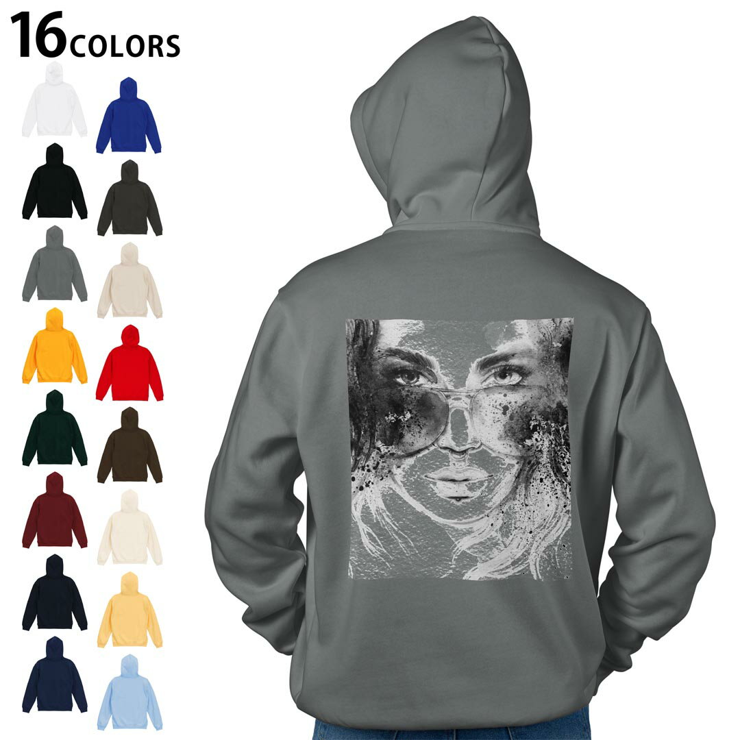 選べる16カラープルオーバー パーカー バックプリント フーディ メンズ レディース ユニセックス 長袖 デザイン S M L XL 2XL hoodie 012060 女性　イラスト　モノトーン
