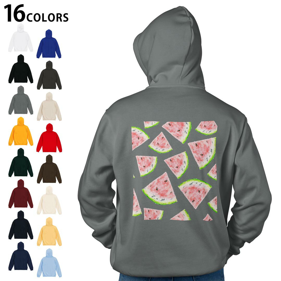 選べる16カラープルオーバー パーカー バックプリント フーディ メンズ レディース ユニセックス 長袖 デザイン S M L XL 2XL hoodie 012205 スイカ　果物　夏