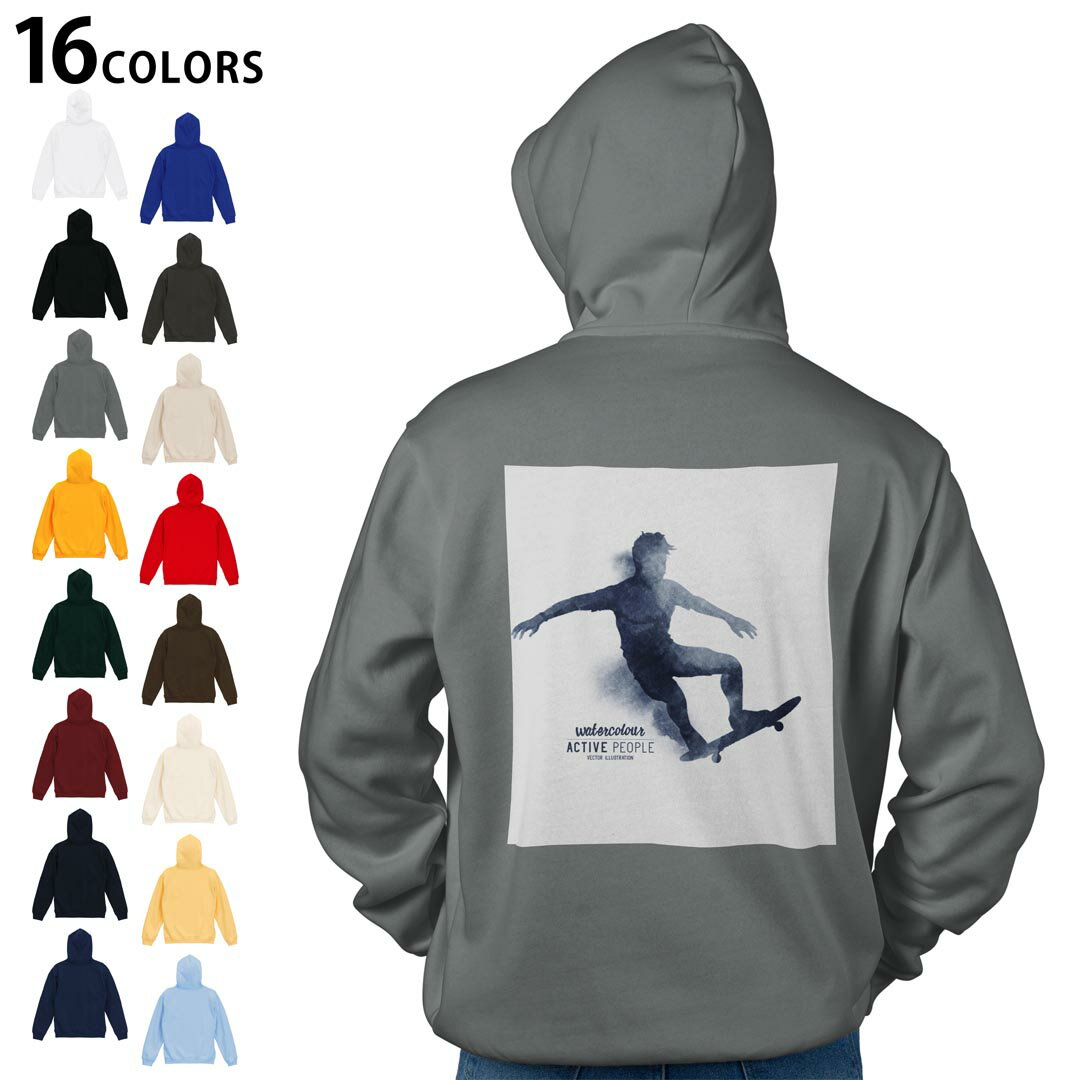 選べる16カラープルオーバー パーカー バックプリント フーディ メンズ レディース ユニセックス 長袖 デザイン S M L XL 2XL hoodie 012640 スケボー　シルエット　モノトーン