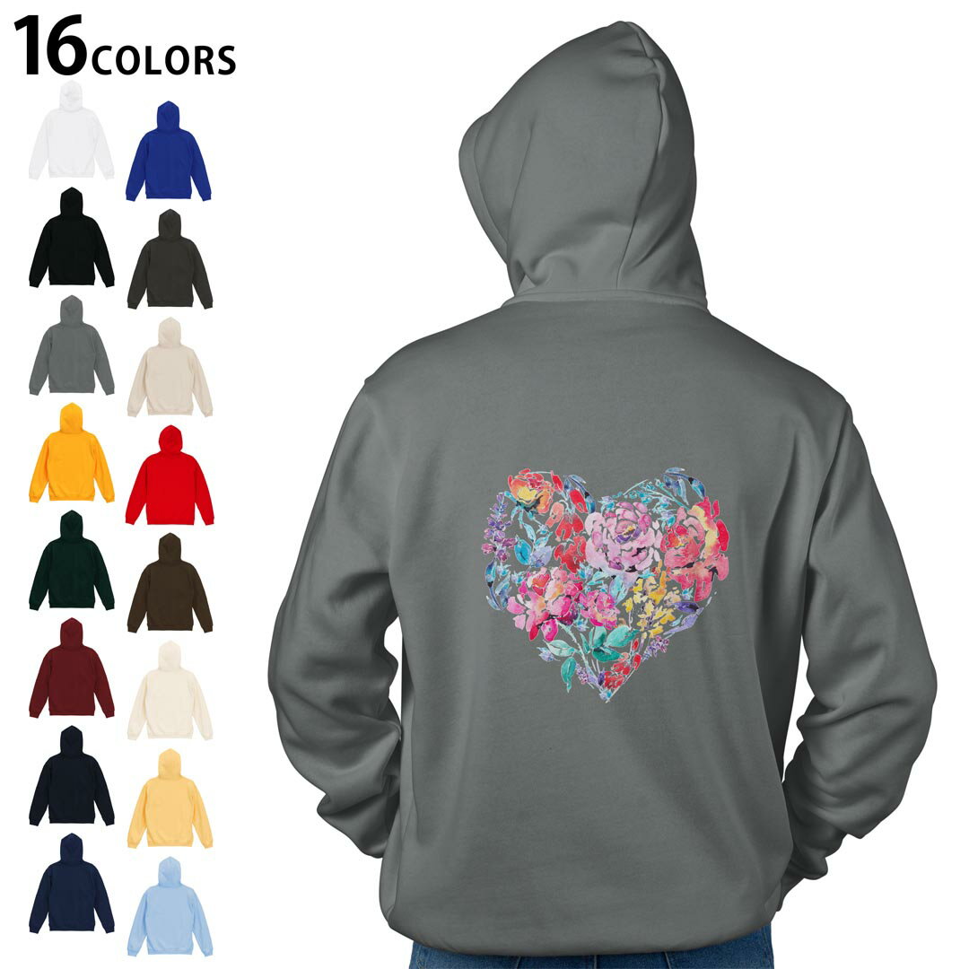 選べる16カラープルオーバー パーカー バックプリント フーディ メンズ レディース ユニセックス 長袖 デザイン S M L XL 2XL hoodie 013471 花 花柄 ハート
