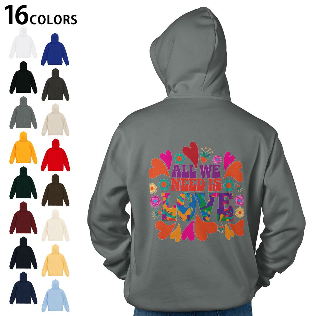 選べる16カラープルオーバー パーカー バックプリント フーディ メンズ レディース ユニセックス 長袖 デザイン S M L XL 2XL hoodie 013524 ハート ラブ カラフル