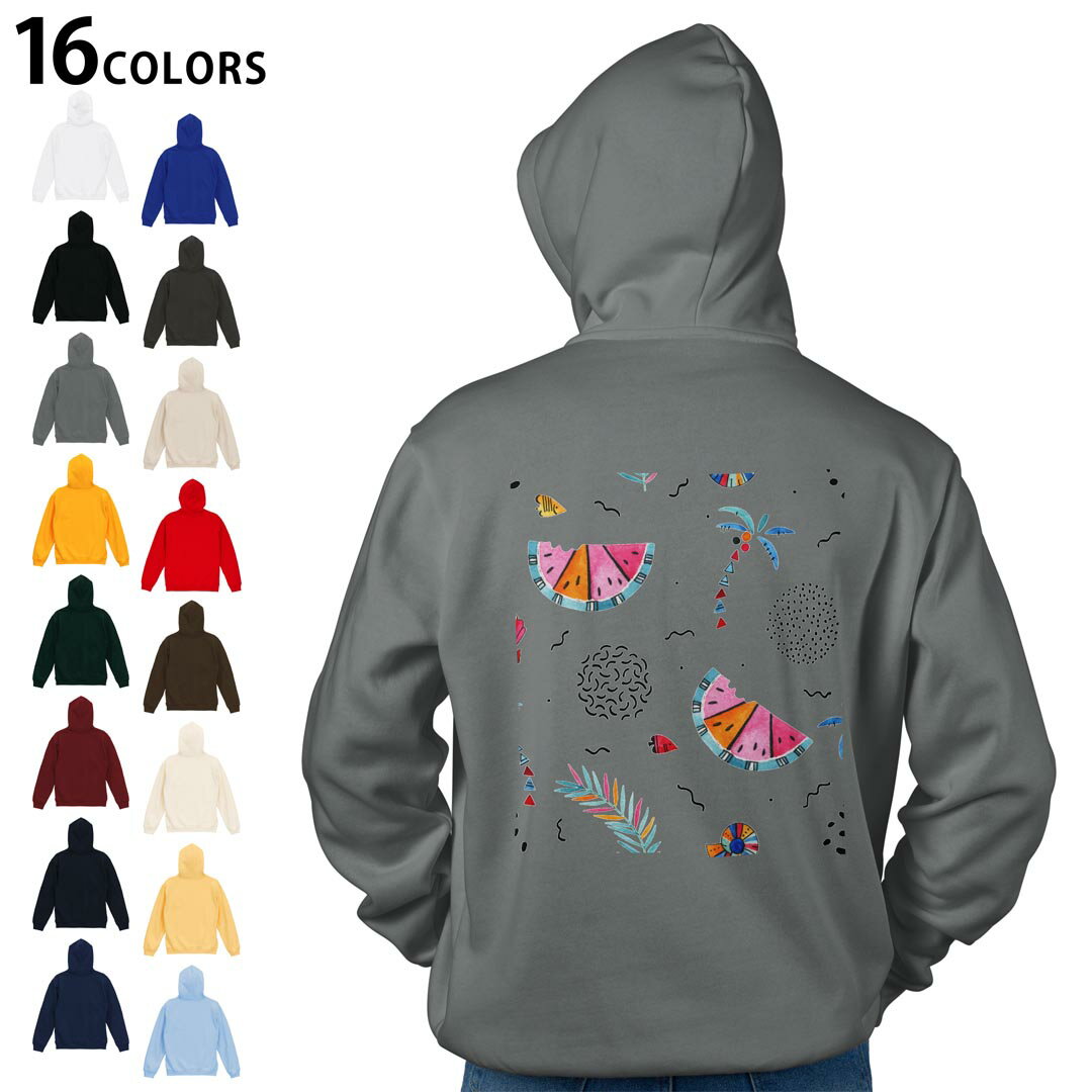 選べる16カラープルオーバー パーカー バックプリント フーディ メンズ レディース ユニセックス 長袖 デザイン S M L XL 2XL hoodie 014344 ヤシの木　スイカ　トロピカル