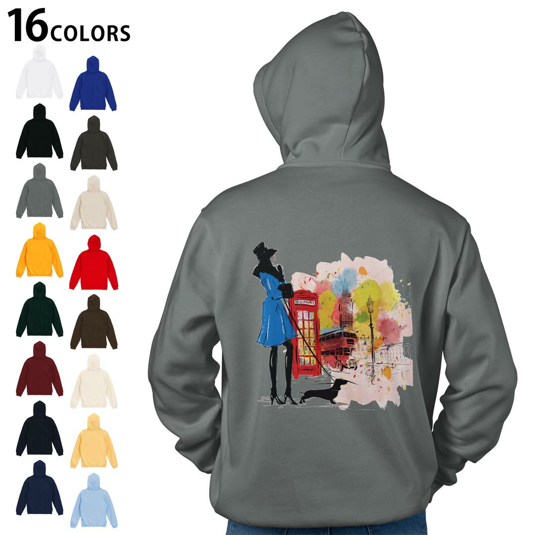 選べる16カラープルオーバー パーカー バックプリント フーディ メンズ レディース ユニセックス 長袖 デザイン S M L XL 2XL hoodie 014903 イラスト ロンドン 街