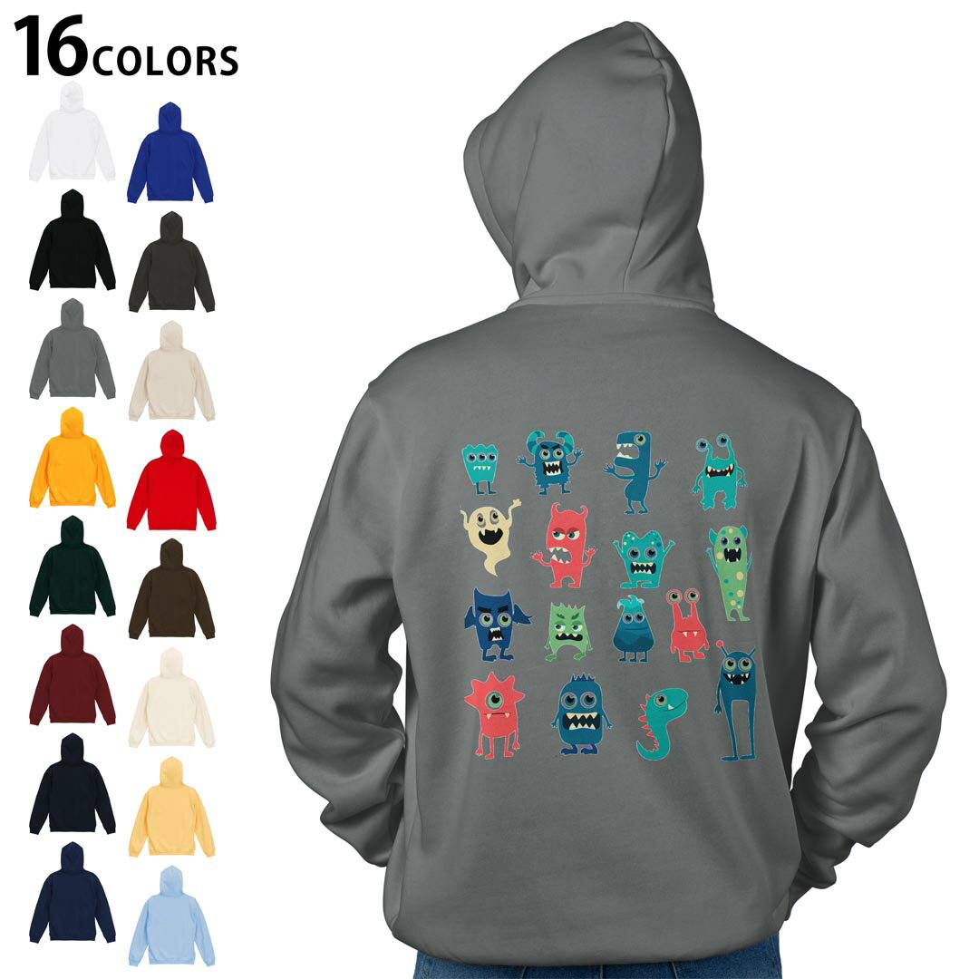 選べる16カラープルオーバー パーカー バックプリント フーディ メンズ レディース ユニセックス 長袖 デザイン S M L XL 2XL hoodie 015774 おばけ 宇宙人 キャラクター かわいい