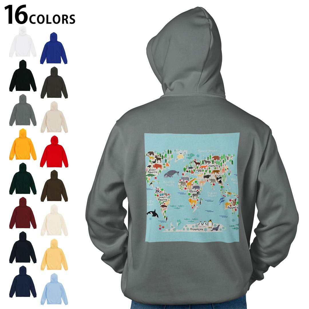 Men's Clothing - 選べる16カラープルオーバー パーカー バックプリント フーディ メンズ レディース ユニセックス 長袖 デザイン S M L XL 2XL hoodie 015983 世界地図　動物　map