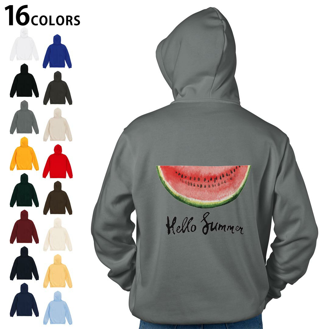選べる16カラープルオーバー パーカー バックプリント フーディ メンズ レディース ユニセックス 長袖 デザイン S M L XL 2XL hoodie 017843 スイカ　夏　summer