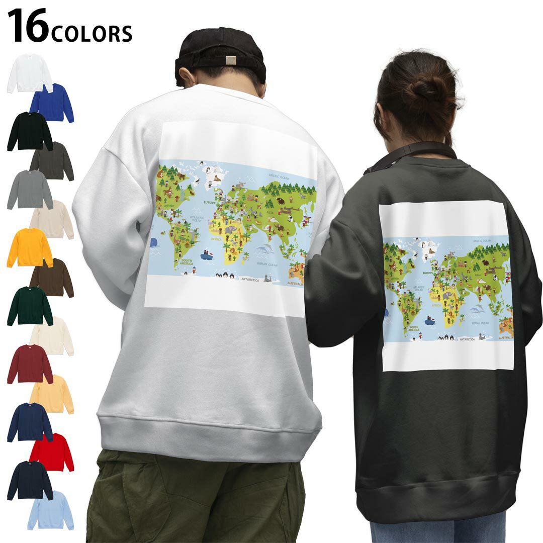 選べる16カラートレーナーバックプリント メンズ レディース ユニセックス 長袖 ホワイト グレー ブラック デザイン S M L XL 2XL sweatshirt　trainer スウェット 015991 世界地図　wordmap　カラフル