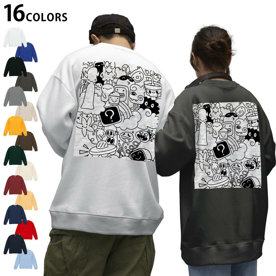 選べる16カラートレーナーバックプリント メンズ レディース ユニセックス 長袖 ホワイト グレー ブラック デザイン S M L XL 2XL sweatshirt trainer スウェット 016426 ノート 絵 妖怪 モンスター