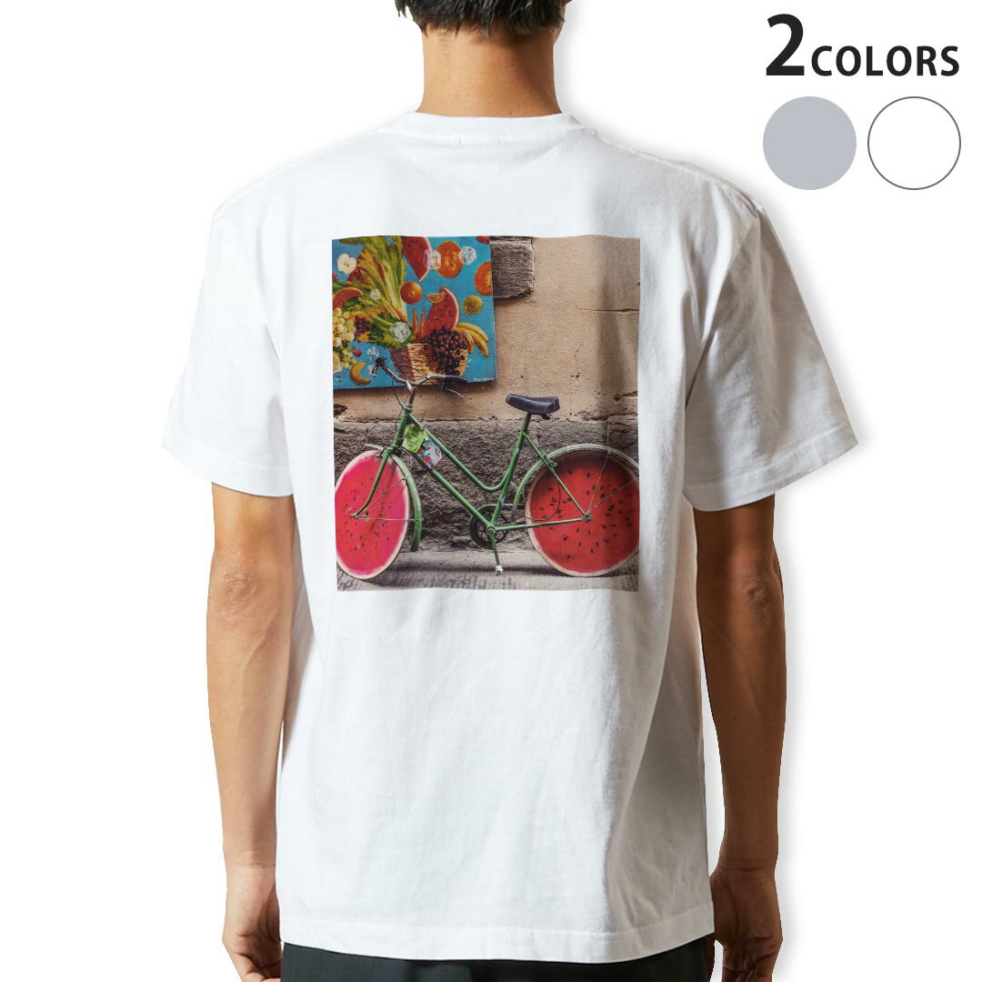 Tシャツ メンズ バックプリント半袖 ホワイト グレー デザイン XS S M L XL 2XL tシャツ ティーシャツ T shirt 023028 スイカ　写真　自転車