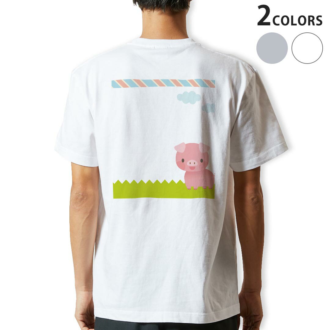 Character - Tシャツ メンズ バックプリント半袖 ホワイト グレー デザイン XS S M L XL 2XL tシャツ ティーシャツ T shirt 006830 ぶた　キャラクター