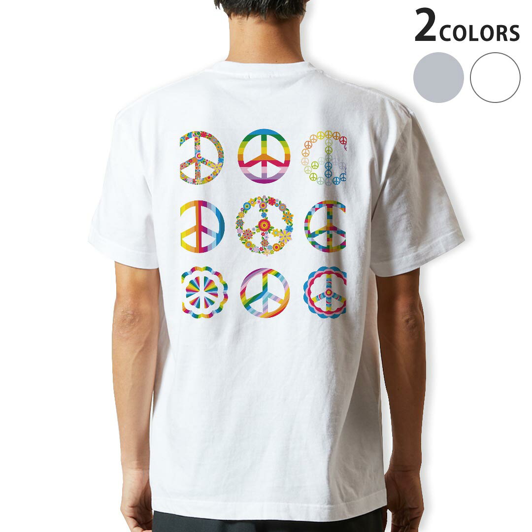 乐天商城 - Tシャツ メンズ バックプリント半袖 ホワイト グレー デザイン XS S M L XL 2XL tシャツ ティーシャツ T shirt 007690 レインボー　花　　ピースマーク