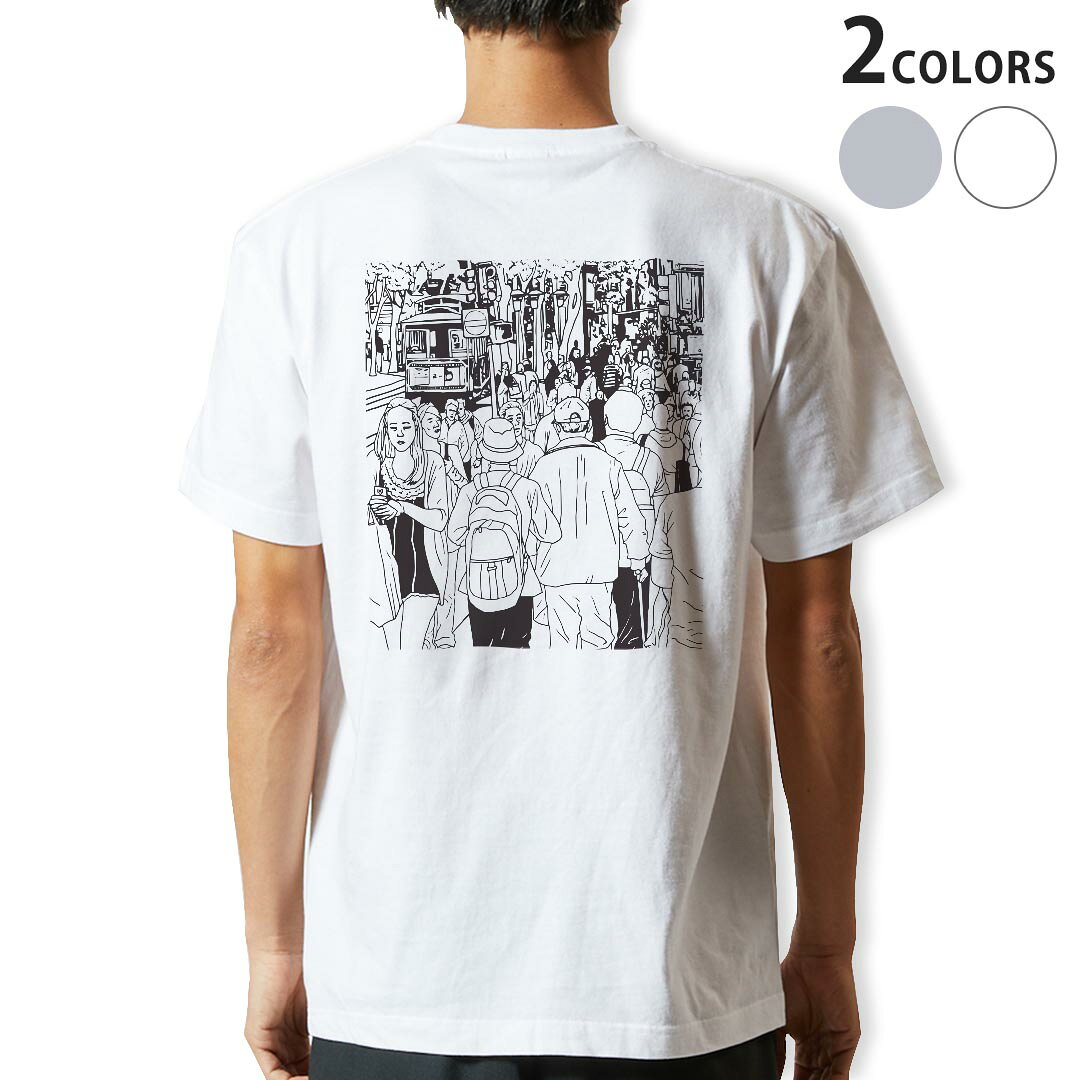Tシャツ メンズ バックプリント半袖 ホワイト グレー デザイン XS S M L XL 2XL tシャツ ティーシャツ T shirt 013403 モノトーン　町　人物