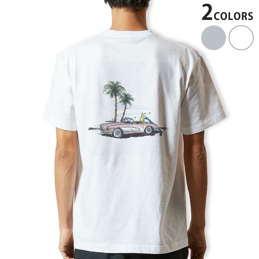 Tシャツ メンズ バックプリント半袖 ホワイト グレー デザイン XS S M L XL 2XL tシャツ ティーシャツ T shirt 014340 ヤシの木　車　サーフィン