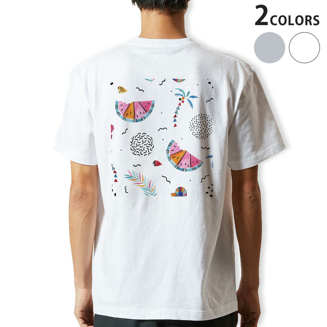 Tシャツ メンズ バックプリント半袖 ホワイト グレー デザイン XS S M L XL 2XL tシャツ ティーシャツ T shirt 014344 ヤシの木　スイカ　トロピカル