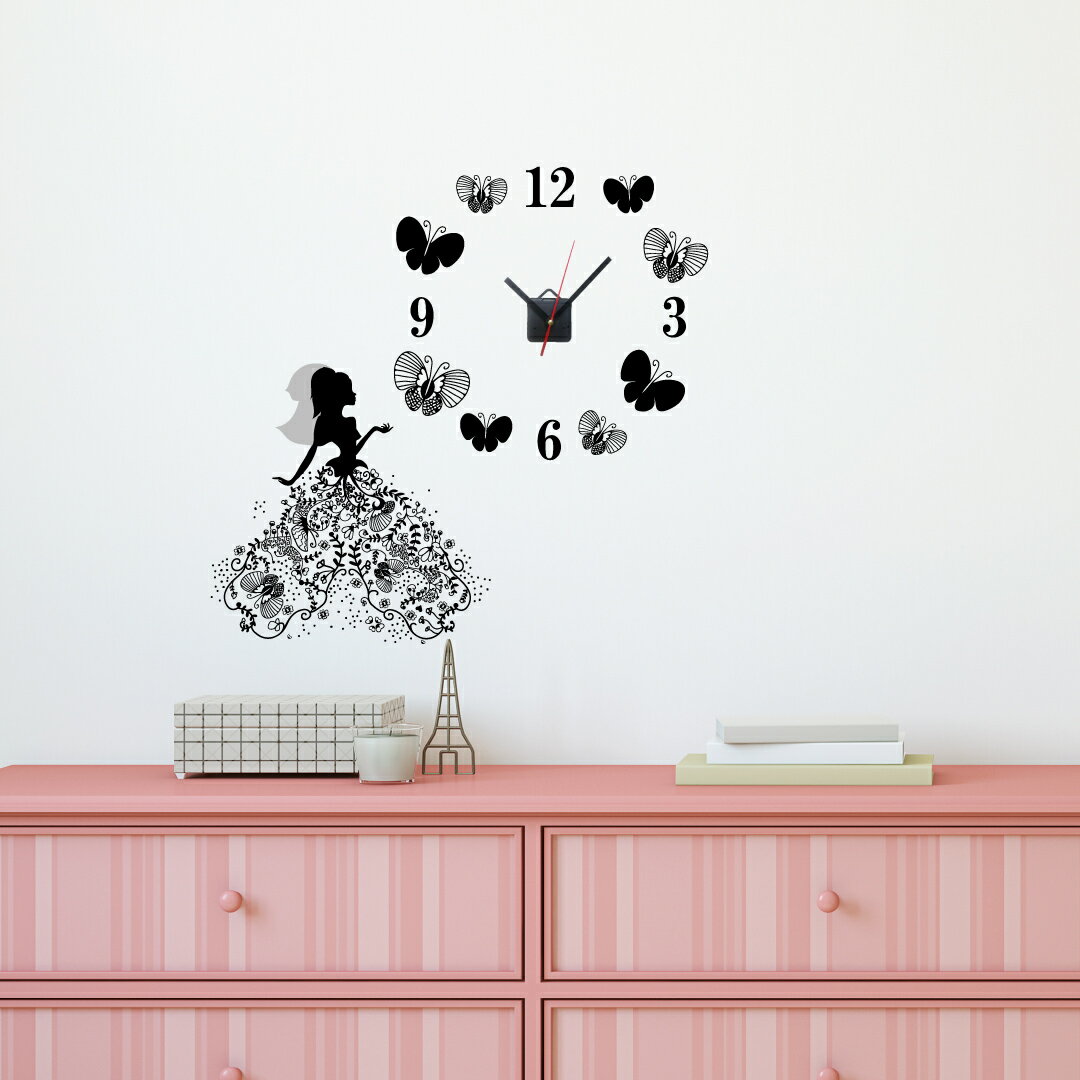 ウォールクロックステッカー 時計付きウォールステッカー 時計 数字 40×40cm ウォールステッカー ドレス 蝶々 エレガント 032139