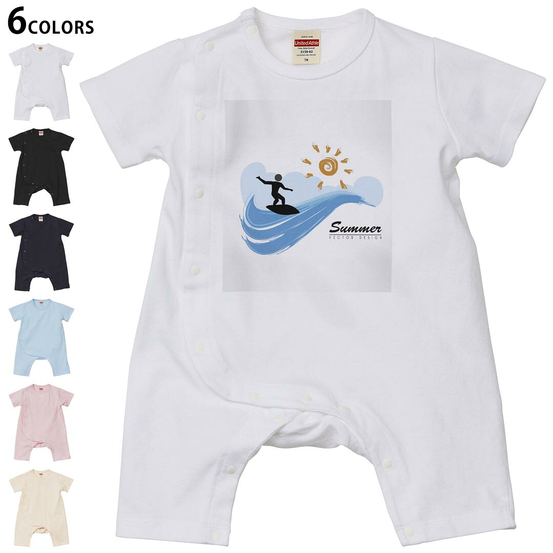 Short Sleeves - 選べる6カラー ロンパース カバーオール 赤ちゃん 半袖 デザイン 70cm 80cm　rompers ベビー 新生児 キッズ 70サイズ 80サイズ ギフト マタニティ 妊婦 出産祝い プレママ ティーシャツ T shirt 003619 サーフィン　海　イラスト