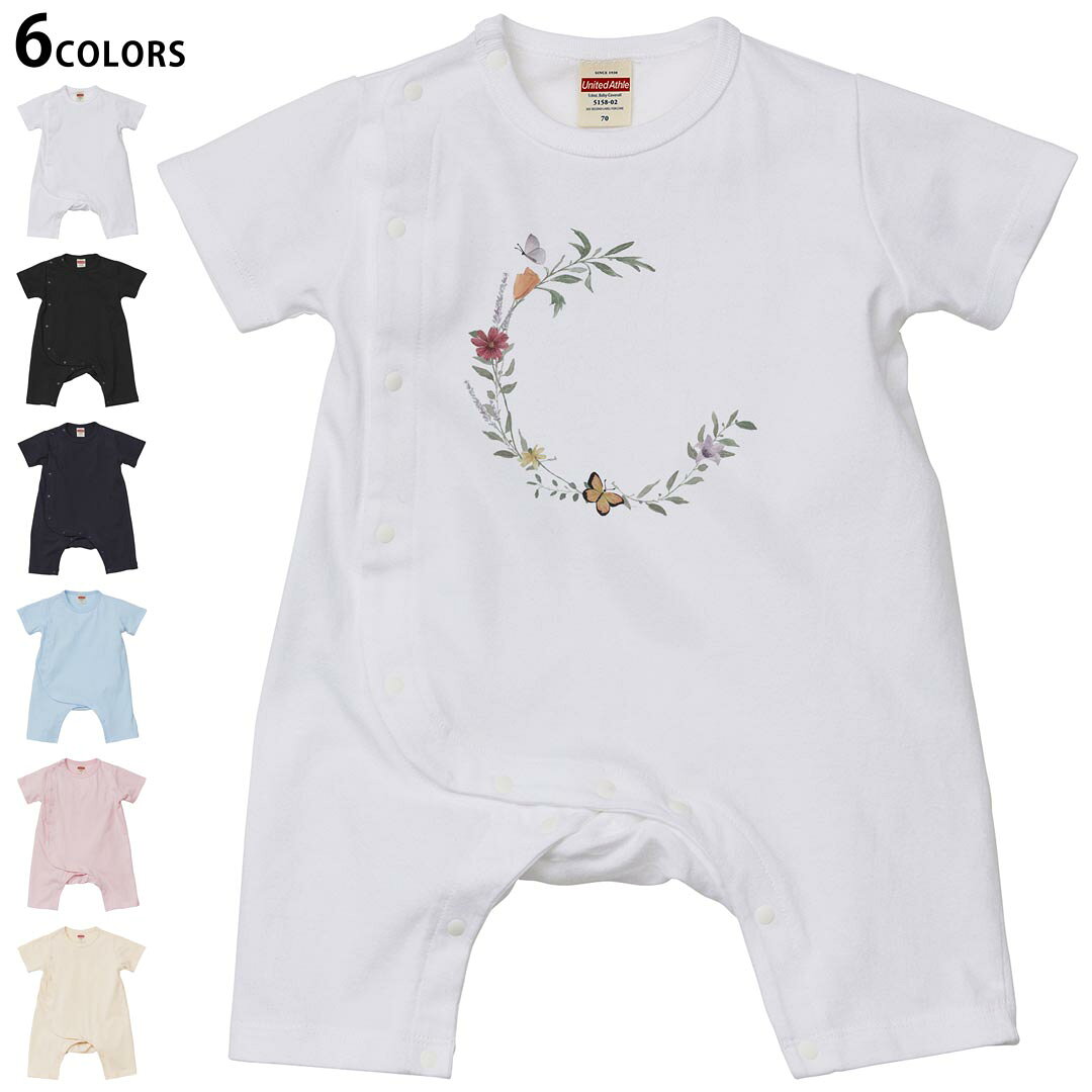 選べる6カラー ロンパース カバーオール 赤ちゃん 半袖 デザイン 70cm 80cm　rompers ベビー 新生児 キッズ 70サイズ 80サイズ ギフト マタニティ 妊婦 出産祝い プレママ ティーシャツ T shirt 031842 花 蝶々 アーチ
