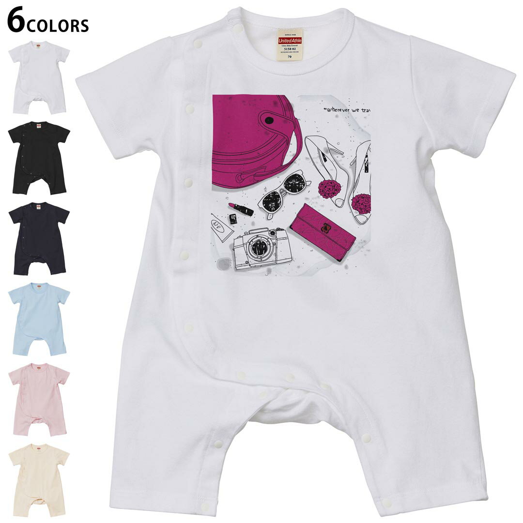 選べる6カラー ロンパース カバーオール 赤ちゃん 半袖 デザイン 70cm 80cm　rompers ベビー 新生児 キッズ 70サイズ 80サイズ ギフト マタニティ 妊婦 出産祝い プレママ ティーシャツ T shirt 006112 イラスト　旅行　カメラ