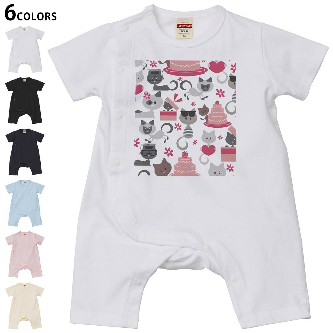 選べる6カラー ロンパース カバーオール 赤ちゃん 半袖 デザイン 70cm 80cm　rompers ベビー 新生児 キッズ 70サイズ 80サイズ ギフト マタニティ 妊婦 出産祝い プレママ ティーシャツ T shirt 006791 ネコ　動物　ハート