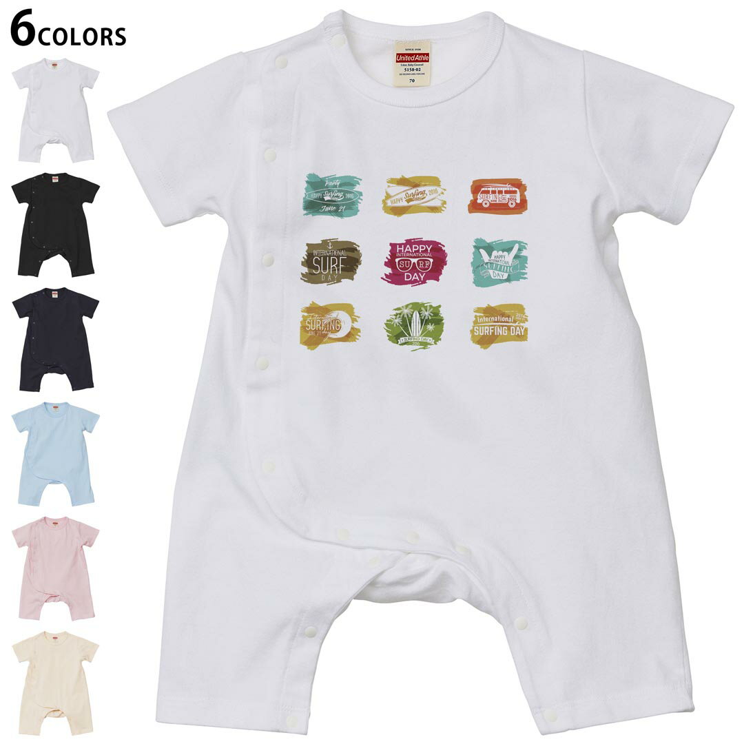 選べる6カラー ロンパース カバーオール 赤ちゃん 半袖 デザイン 70cm 80cm　rompers ベビー 新生児 キッズ 70サイズ 80サイズ ギフト マタニティ 妊婦 出産祝い プレママ ティーシャツ T shirt 013778 夏　サーフィン　カラフル
