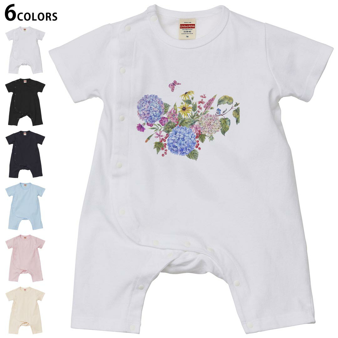 Short Sleeves - 選べる6カラー ロンパース カバーオール 赤ちゃん 半袖 デザイン 70cm 80cm　rompers ベビー 新生児 キッズ 70サイズ 80サイズ ギフト マタニティ 妊婦 出産祝い プレママ ティーシャツ T shirt 014671 花　　アジサイ