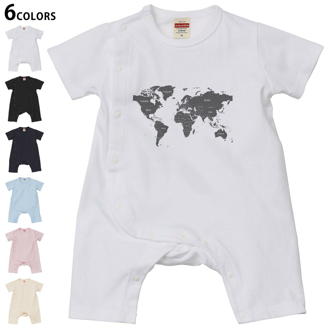 Coverall - 選べる6カラー ロンパース カバーオール 赤ちゃん 半袖 デザイン 70cm 80cm　rompers ベビー 新生児 キッズ 70サイズ 80サイズ ギフト マタニティ 妊婦 出産祝い プレママ ティーシャツ T shirt 015995 世界地図　wordmap　黒