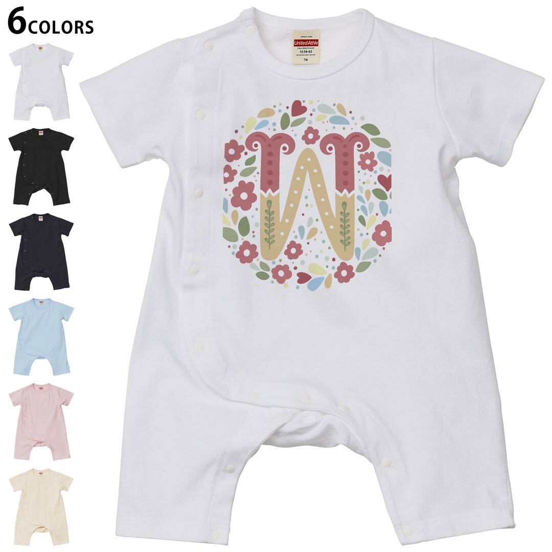 選べる6カラー ロンパース カバーオール 赤ちゃん 半袖 デザイン 70cm 80cm　rompers ベビー 新生児 キッズ 70サイズ 80サイズ ギフト マタニティ 妊婦 出産祝い プレママ ティーシャツ T shirt 019292 文字 w アルファベット