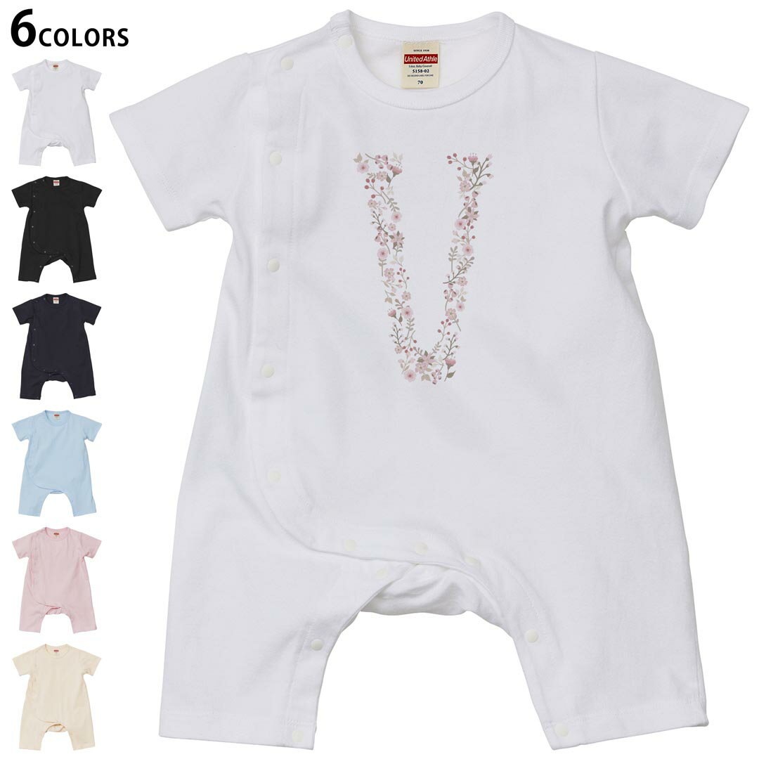 選べる6カラー ロンパース カバーオール 赤ちゃん 半袖 デザイン 70cm 80cm　rompers ベビー 新生児 キッズ 70サイズ 80サイズ ギフト マタニティ 妊婦 出産祝い プレママ ティーシャツ T shirt 019583 文字 v アルファベット