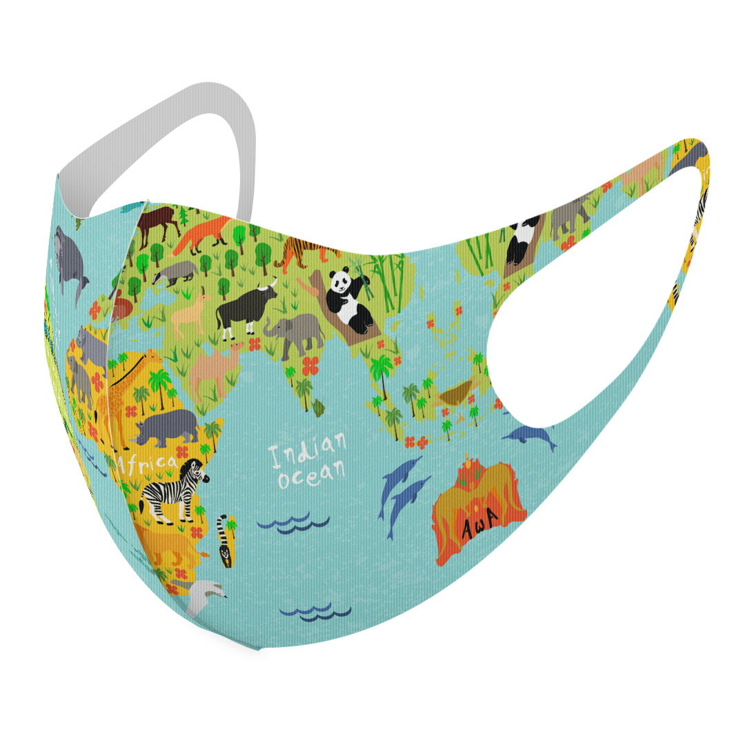 2枚セット デザインマスク 洗えるマスク おしゃれ 人気 ファッション ポリエステル 布マスク 洗って 繰り返し 大人用 子供用 普通 メンズ レディース 男性 女性 こども ジュニア キッズ 幼児 未就学児 014138 世界地図　動物