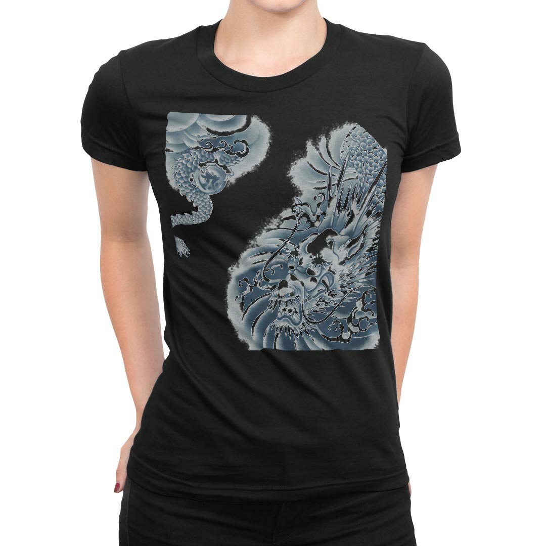 tシャツ レディース 半袖 ブラック 黒 デザイン M L Tシャツ ティーシャツ T shirt 001218 龍　ドラゴ..