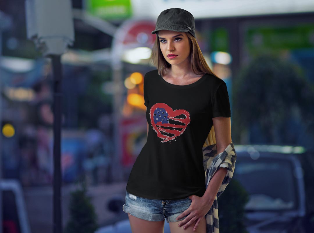 tシャツ レディース 半袖 ブラック 黒 デザイン M L Tシャツ ティーシャツ T shirt 001567 アメリ　国旗　ハート kabekore-11284661 kabeコレ サンプル画像2