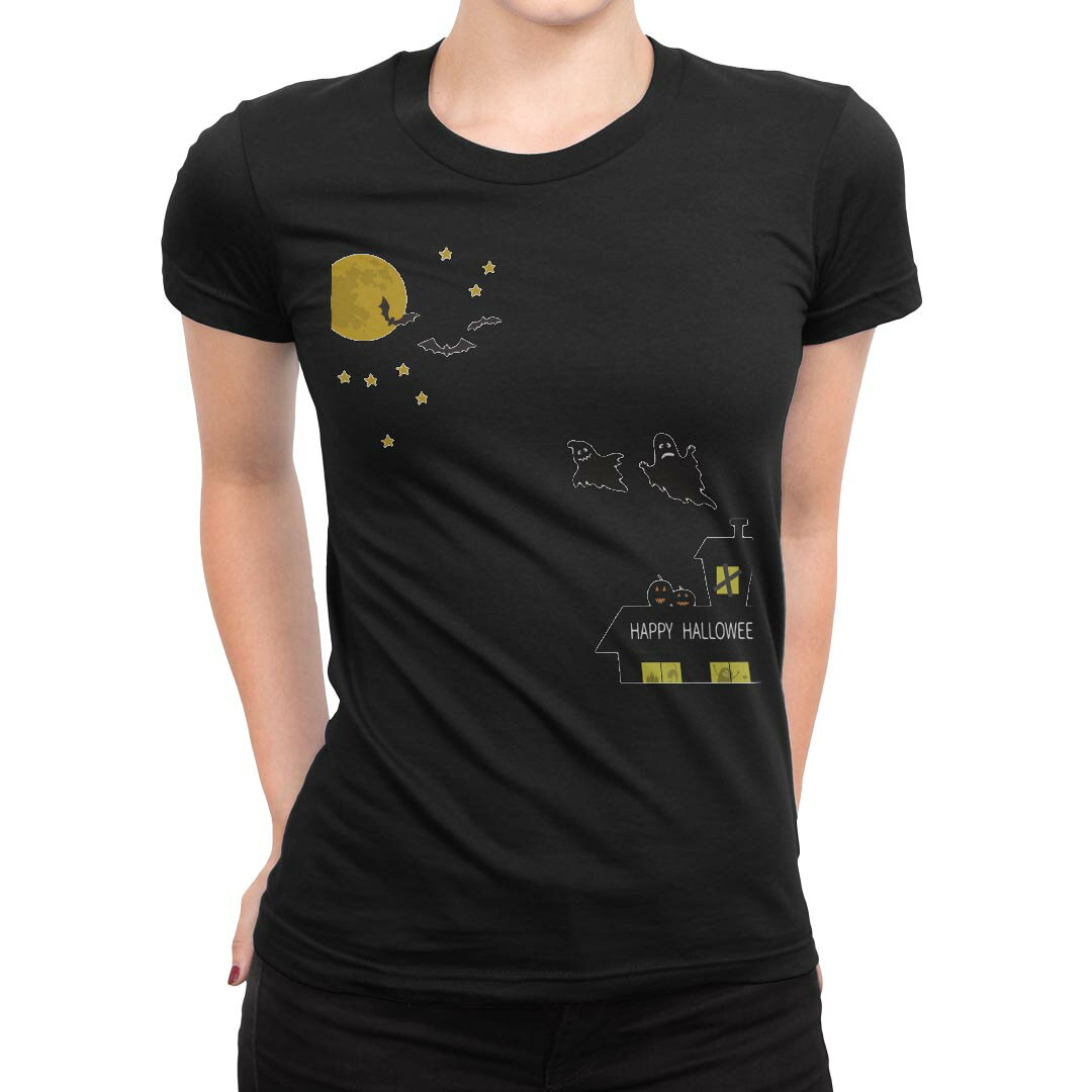 tシャツ レディース 半袖 ブラック 黒 デザイン M L Tシャツ ティーシャツ T shirt 026128 屋敷 かわいい　Halloween