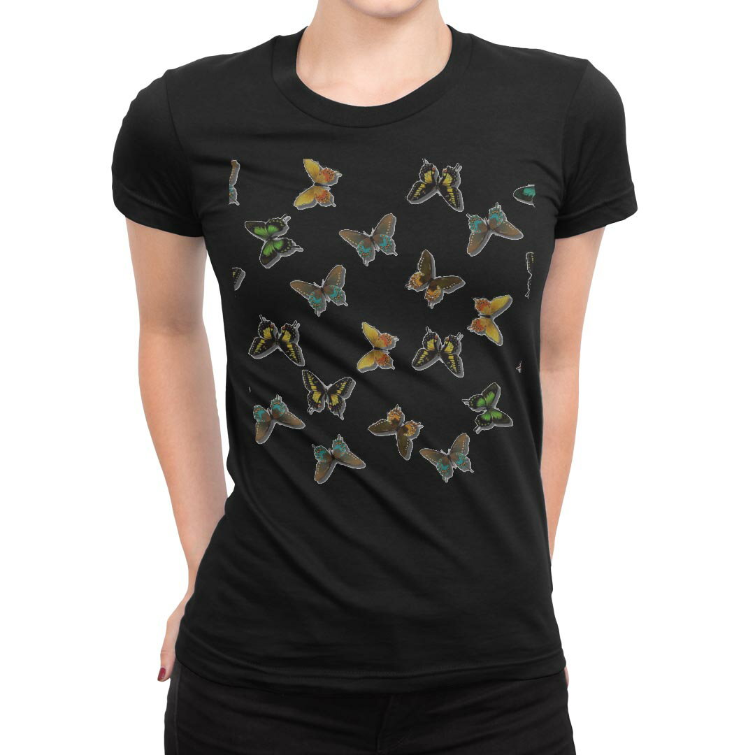 tシャツ レディース 半袖 ブラック 黒 デザイン M L Tシャツ ティーシャツ T shirt 026154 生き物 蝶々 柄