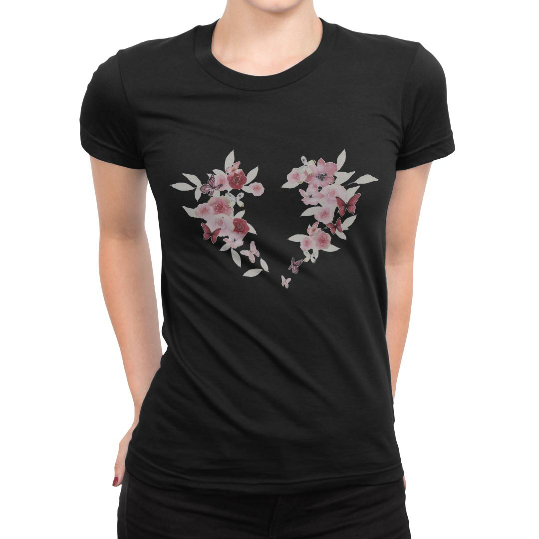 tシャツ レディース 半袖 ブラック 黒 デザイン S M L XL Tシャツ ティーシャツ T shirt 031699 花 ハート フラワー