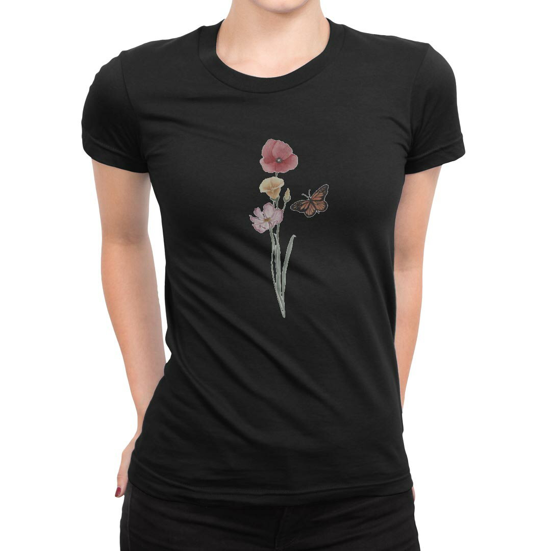 tシャツ レディース 半袖 ブラック 黒 デザイン S M L XL Tシャツ ティーシャツ T shirt 031825 花 蝶々 フラワー