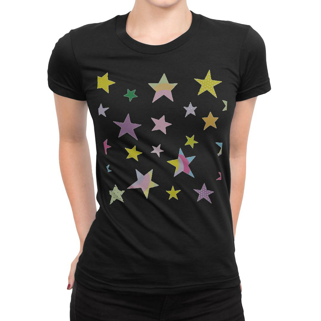 tシャツ レディース 半袖 ブラック 黒 デザイン M L Tシャツ ティーシャツ T shirt 005668 星 カラフル 模様
