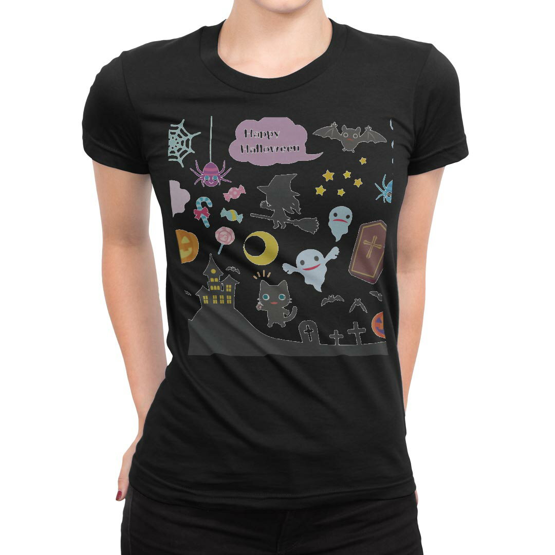 tシャツ レディース 半袖 ブラック 黒 デザイン M L Tシャツ ティーシャツ T shirt 006754 ハロウィン イラスト