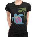tシャツ レディース 半袖 ブラック 黒 デザイン M L Tシャツ ティーシャツ T shirt 007636 イラスト 亀 花 かめ
