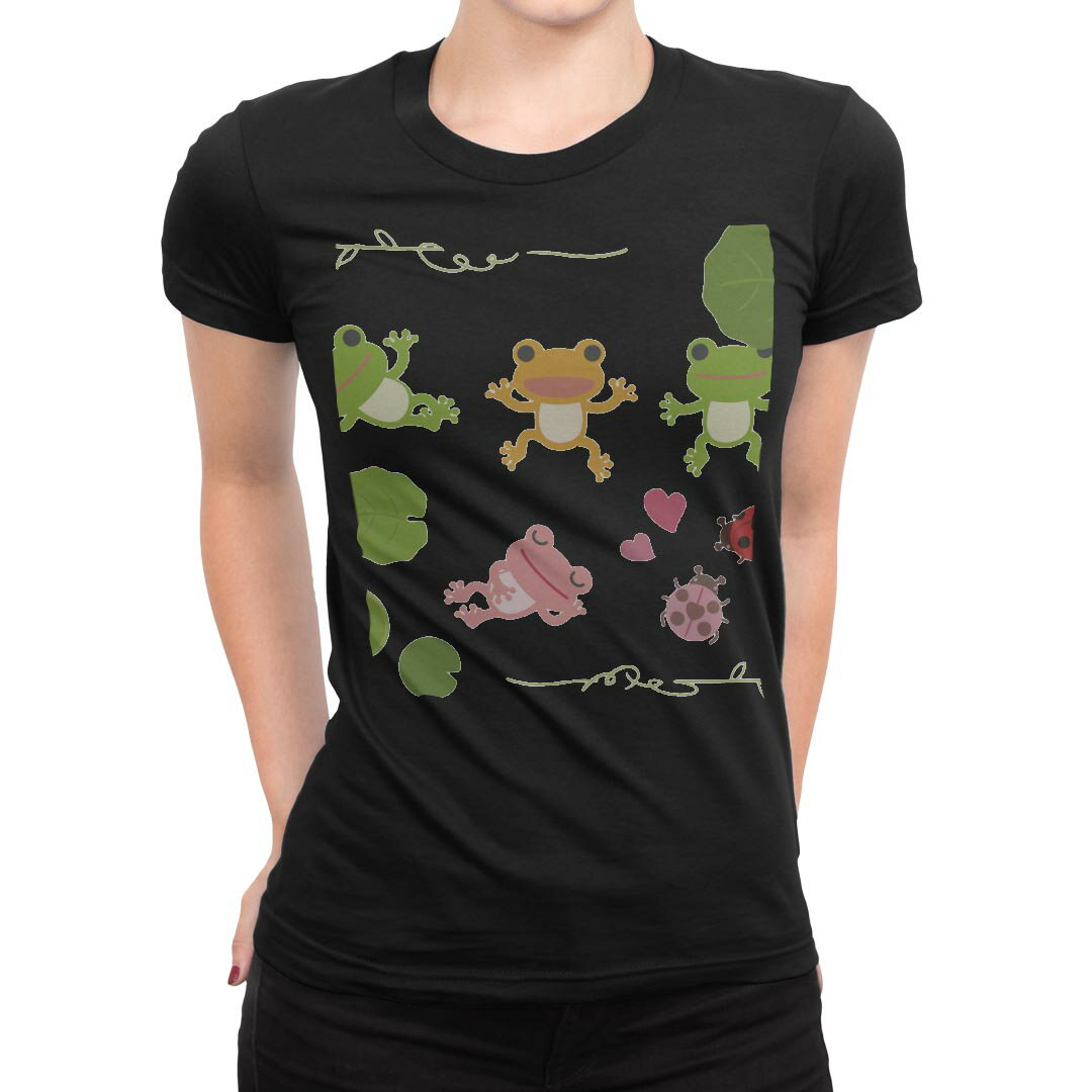 tシャツ レディース 半袖 ブラック 黒 デザイン M L Tシャツ ティーシャツ T shirt 007872 カエル 蛙 緑 グリーン