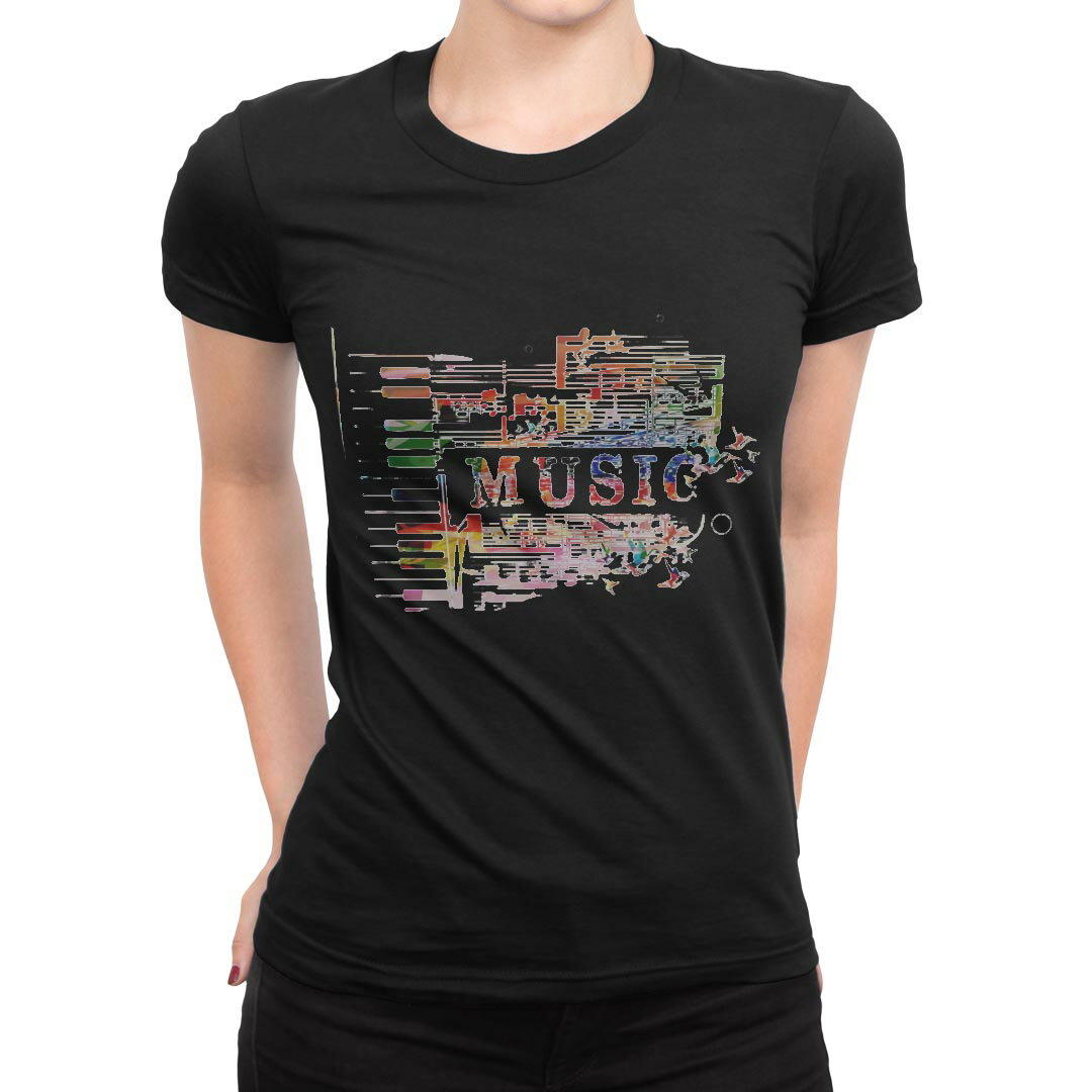 tシャツ レディース 半袖 ブラック 黒 デザイン M L Tシャツ ティーシャツ T shirt 007927 音符　楽譜　音楽　楽器　カラフル