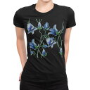 tシャツ レディース 半袖 ブラック 黒 デザイン M L Tシャツ ティーシャツ T shirt 008096 花 水彩 青 ブルー