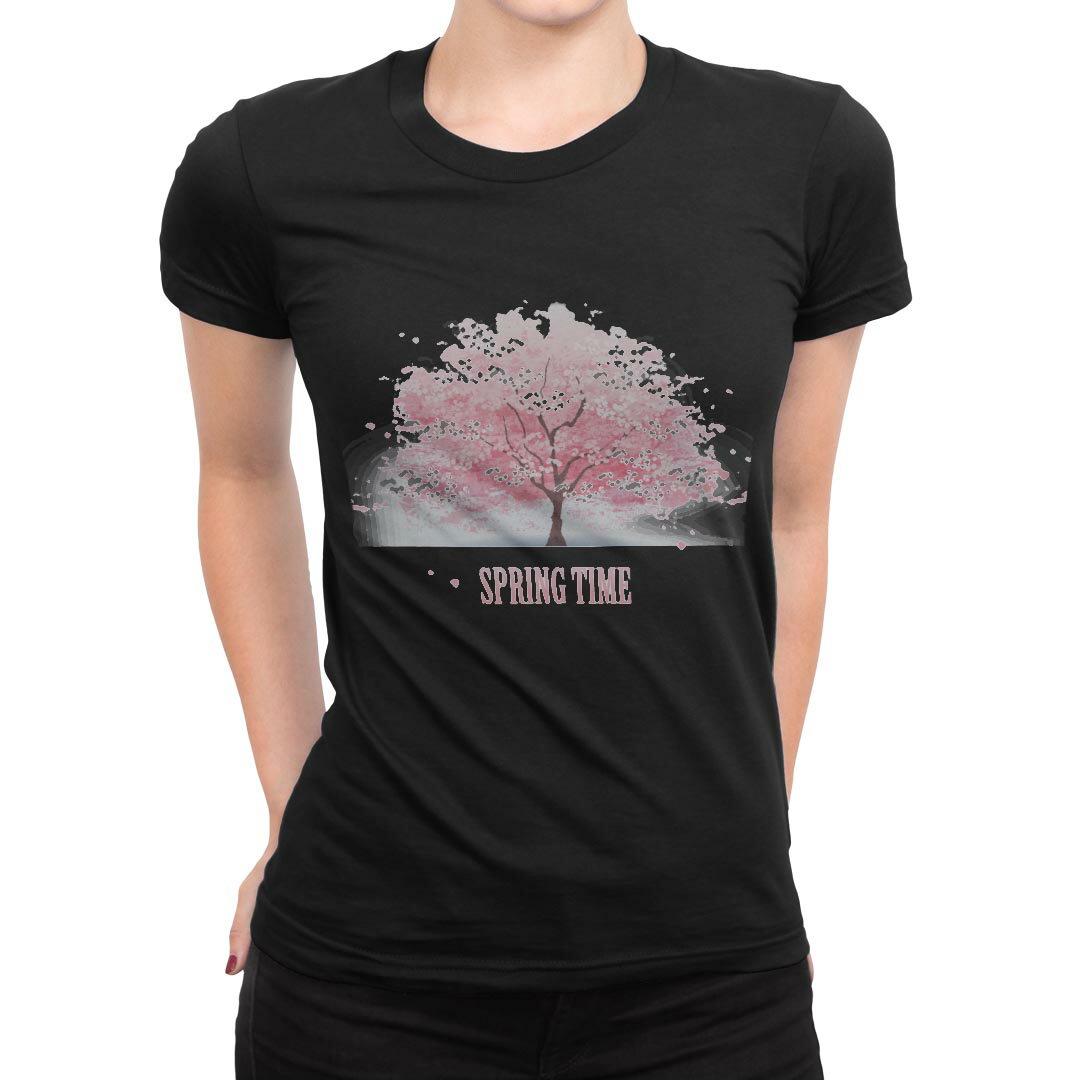 tシャツ レディース 半袖 ブラック 黒 デザイン M L Tシャツ ティーシャツ T shirt 008120 春　桜　ピンク　植物　イラスト