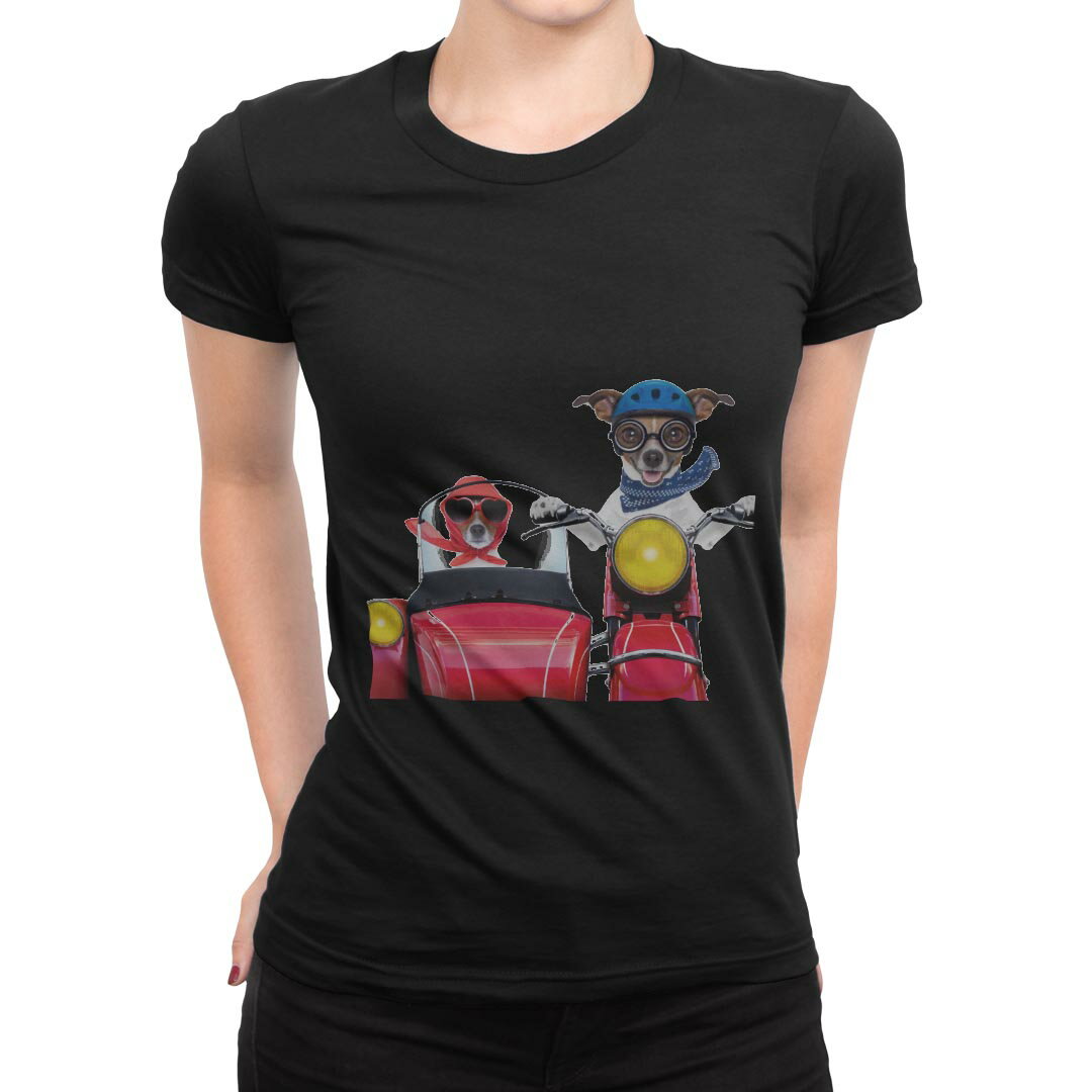 tシャツ レディース 半袖 ブラック 黒 デザイン M L Tシャツ ティーシャツ T shirt 008126 写真　犬　バイク　赤　レッド