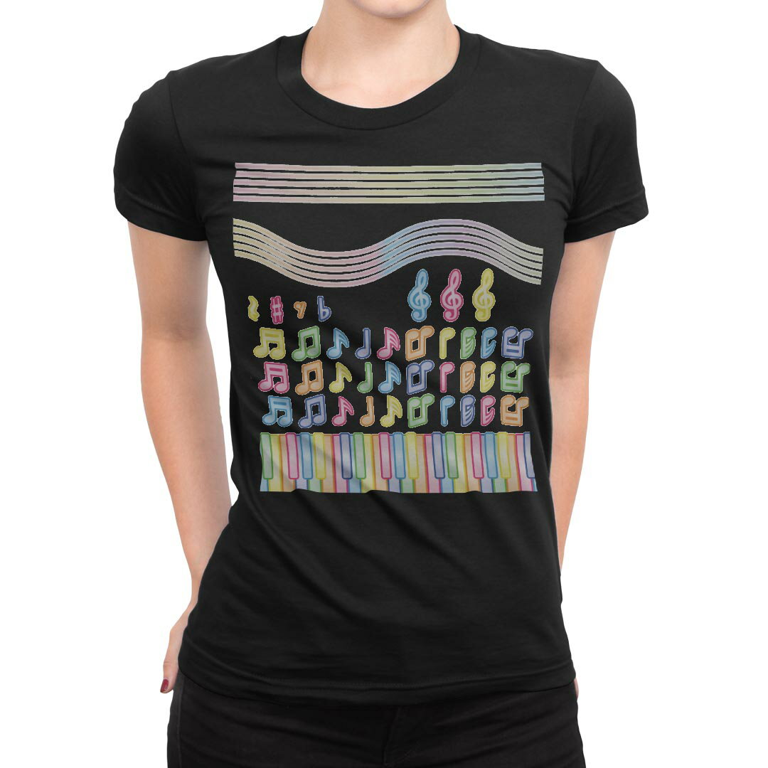 tシャツ レディース 半袖 ブラック 黒 デザイン M L Tシャツ ティーシャツ T shirt 008257 音符　楽譜　ピアノ　レインボー　カラフル