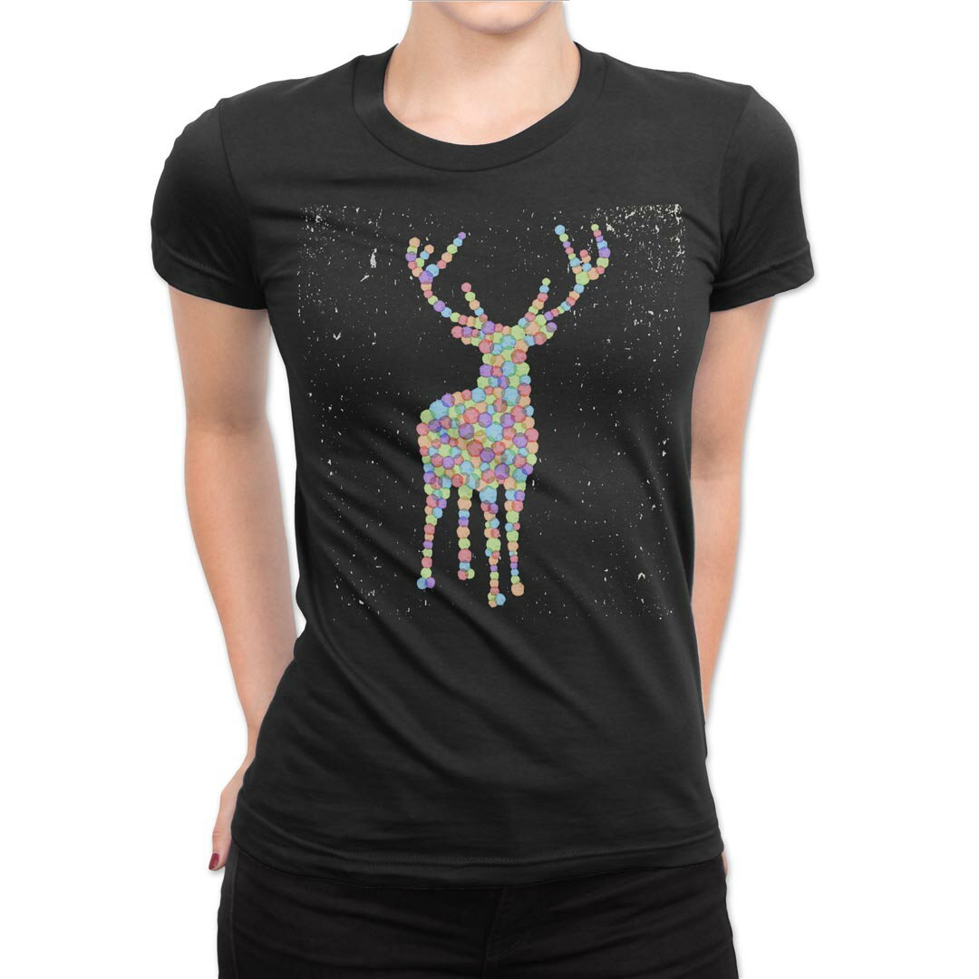 tシャツ レディース 半袖 ブラック 黒 デザイン M L Tシャツ ティーシャツ T shirt 008729 クリスマス　トナカイ　カラフル
