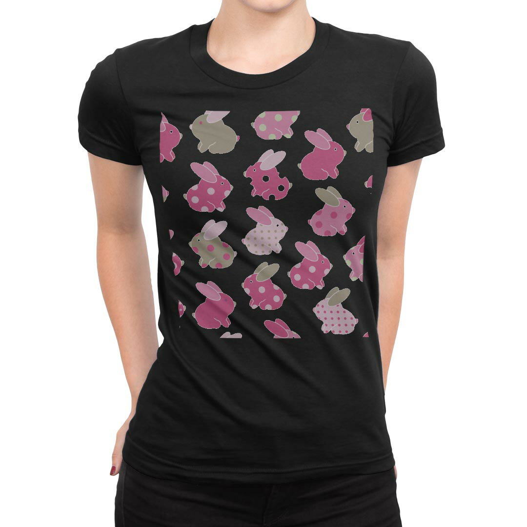 Rakuten - tシャツ レディース 半袖 ブラック 黒 デザイン M L Tシャツ ティーシャツ T shirt 008902 うさぎ　イラスト　ピンク　水玉